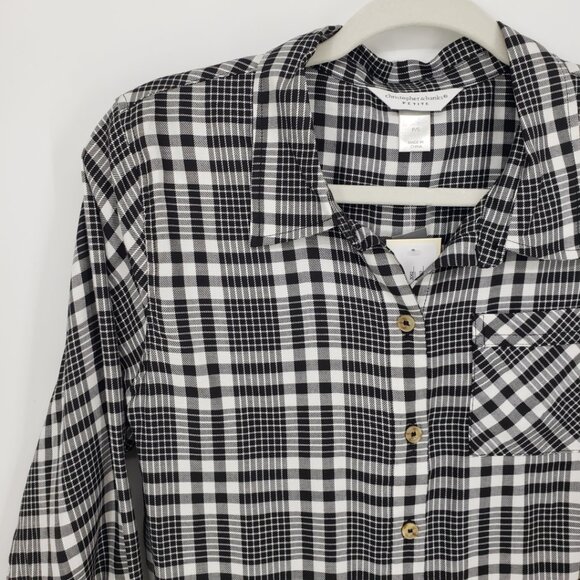 3/$25 Christopher & Banks Plaid Button Down Shirt Top SP Long Sleeve White Black - Picture 4 of 8